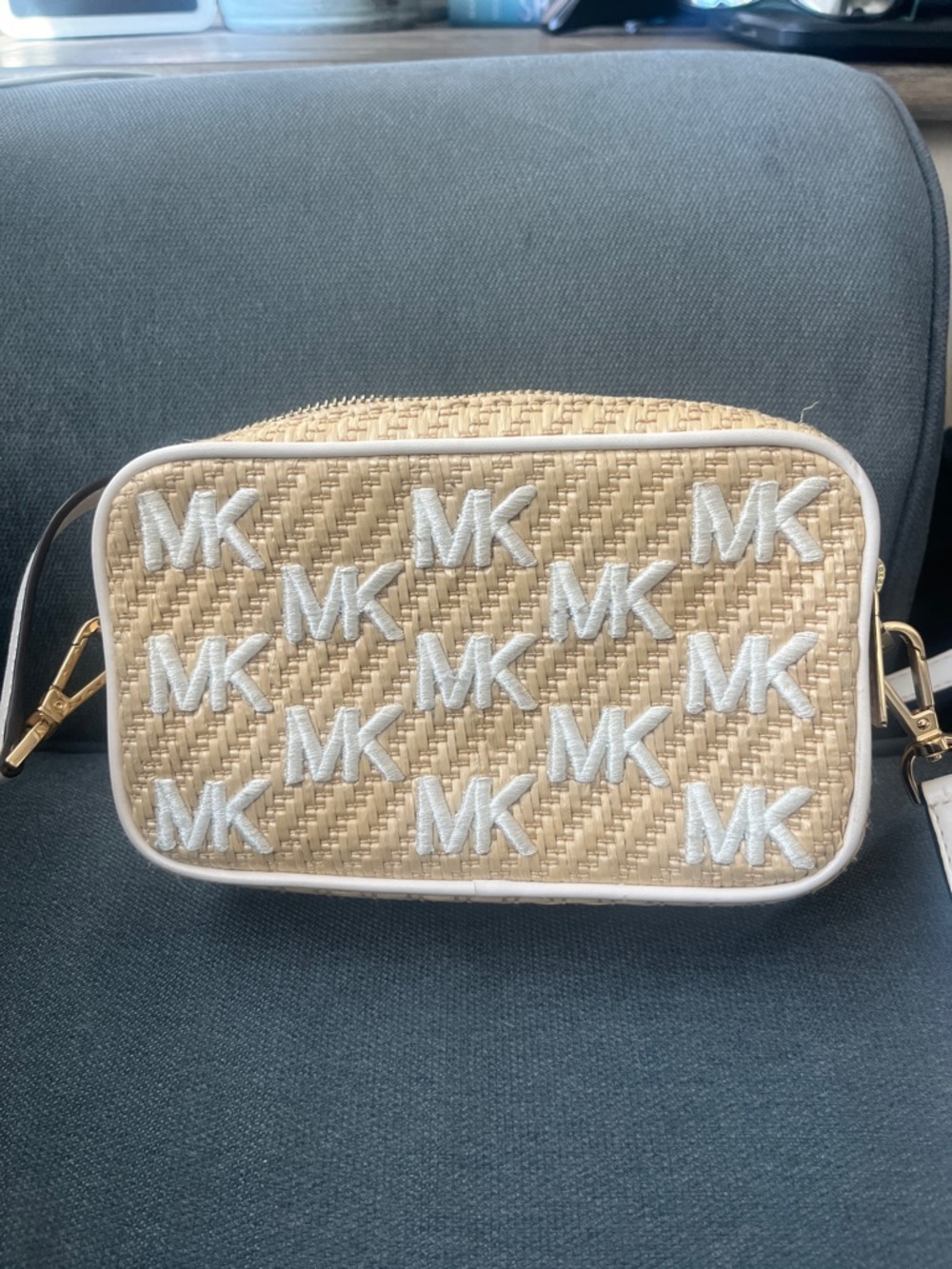 Michael Kors Beige Straw Crossbody with White MK Embroidery